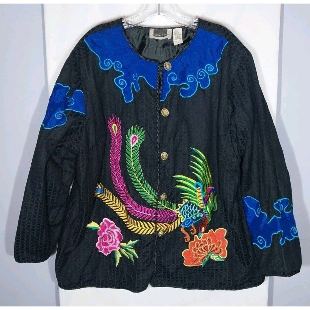 Maggie Barnes 3X  Black Jacket Art To Wear Phoenix Bird Embroidered Textured